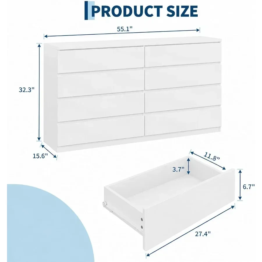 Modern 8 Drawer Dresser, Chest of Drawers for Bedroom