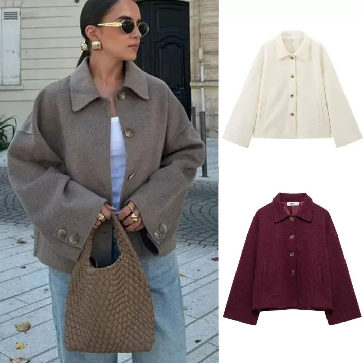 

Women's Casual Wool Blend Jacket Lapel Collar Button Down Shacket with Pockets | Lightweight & Warm