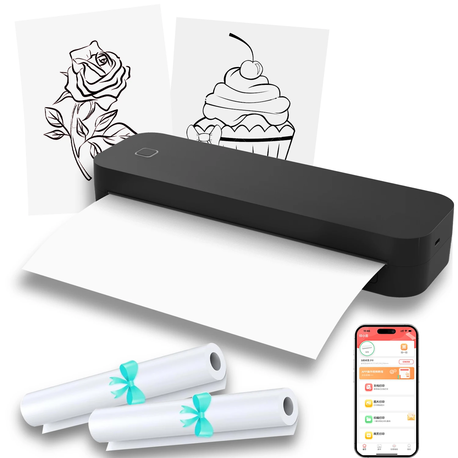 Impresora térmica portátil A4 sin tinta, máquina de impresión de documentos de palabras, Bluetooth, PDF, Excel, rollo de papel para oficina, trabajo, hogar y escuela