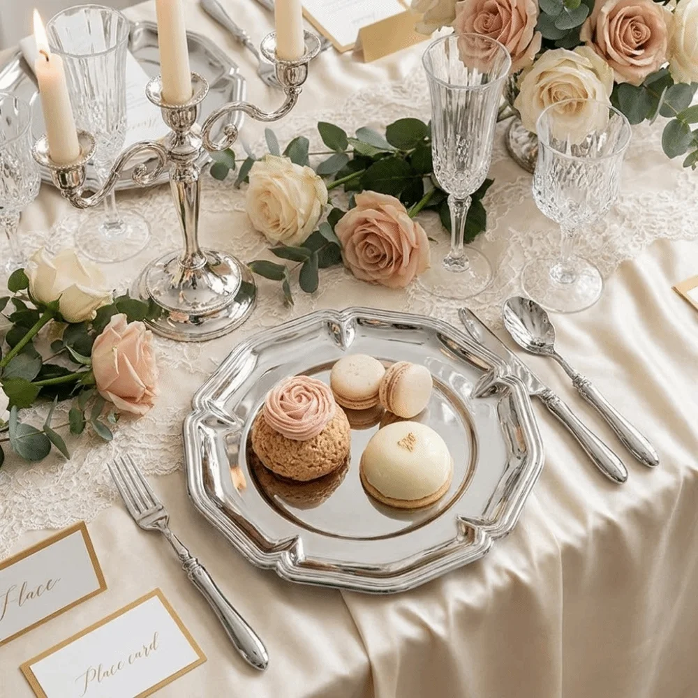 

Round Shape Stainless Steel Cake Tray Silver Color Embossed Design Dessert Plate Decorative INS Jewelry Display Tray