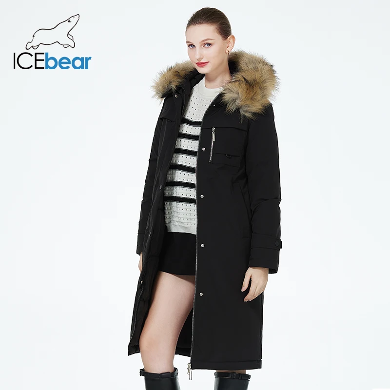 ICEbear 2023 Winter Women Jacket Long Elegant Cotton Parka with Fake Fur Trim Women\'s Thickened Warm Coat GWD22596-2D