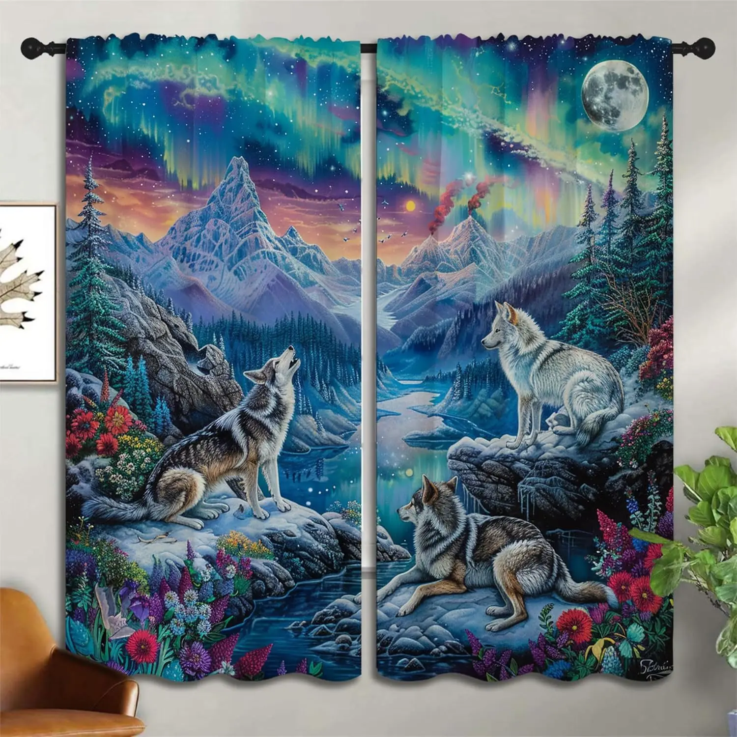 Snowy Wolf Blackout Curtains for Boys Girl Bedroom Decor,Aurora Howling Wolf Nature Scenery Thermal Insulated Rod Pocket Drapes