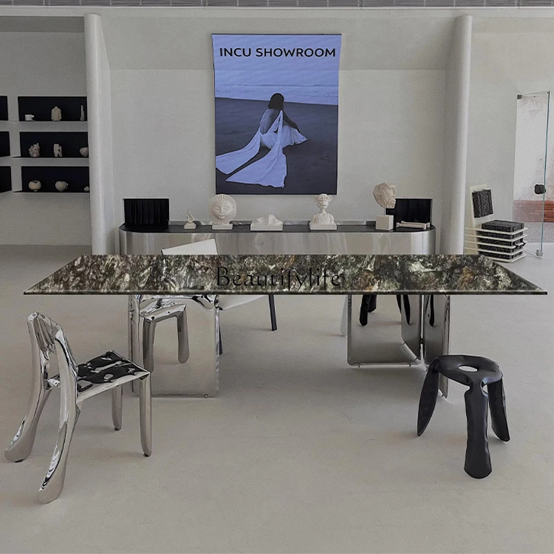 Natural marble dining table Italian light luxury high-end rectangular luxury stone desk