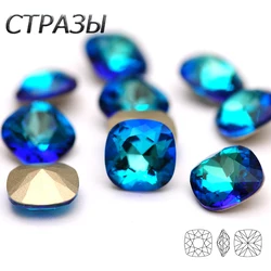 5A New Arrival Adhesive Bermuda Blue Nail Glass Rhinestones 10PCS Cushion Cut Strass Pointback DIY Crafts Crystal Stones