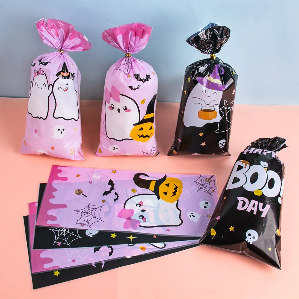 50 Stück Halloween rosa Süßigkeitentüten Geister Süßigkeiten Keks Verpackungsbeutel Süßes oder Saures Kinder Geschenke für Halloween Party Dekorationen 2025