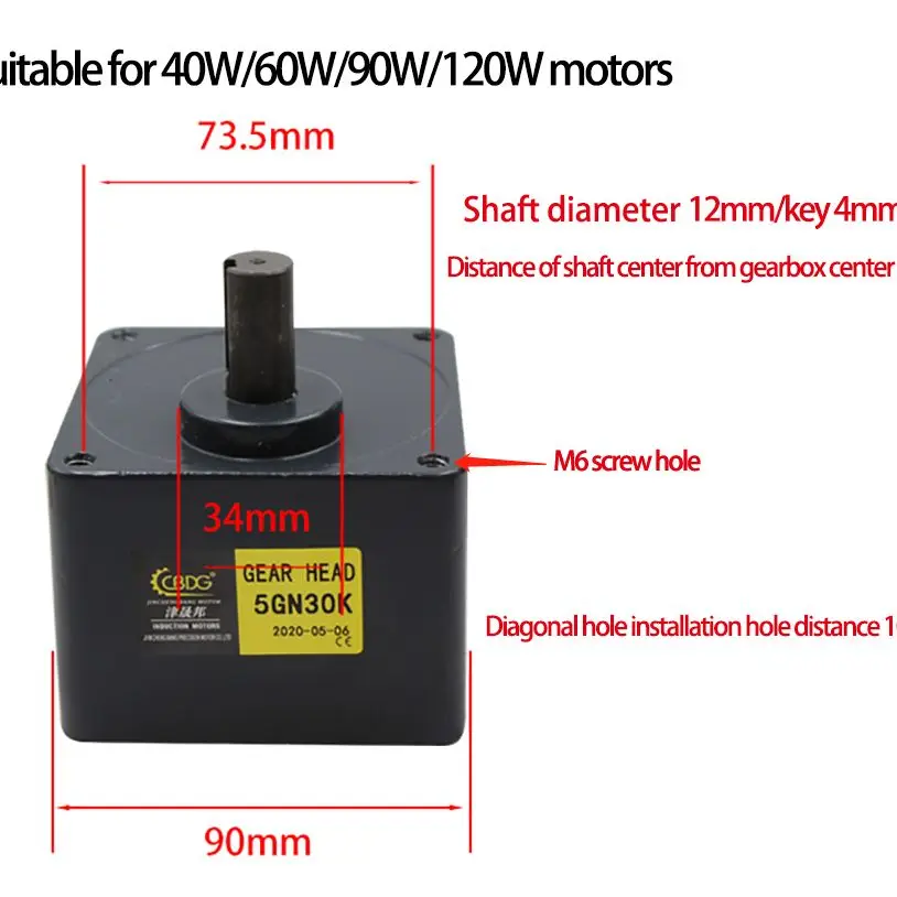 5GN 3K-200K Gearbox Reducer Gear Head For 40W 60W 90W 120W Motor AC Asynchronous Speed Regulating Gear Reducer Output Shaft 12mm