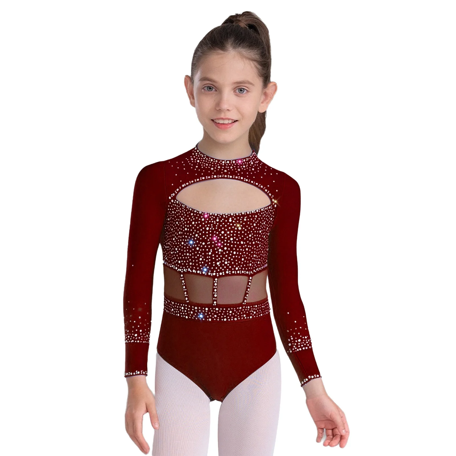 

Kids Girls Rhinestones Gymnastics Dance Performance Leotard Long Sleeve Breathable Stage Ballet Waltz Ballroom Stage Dancewear