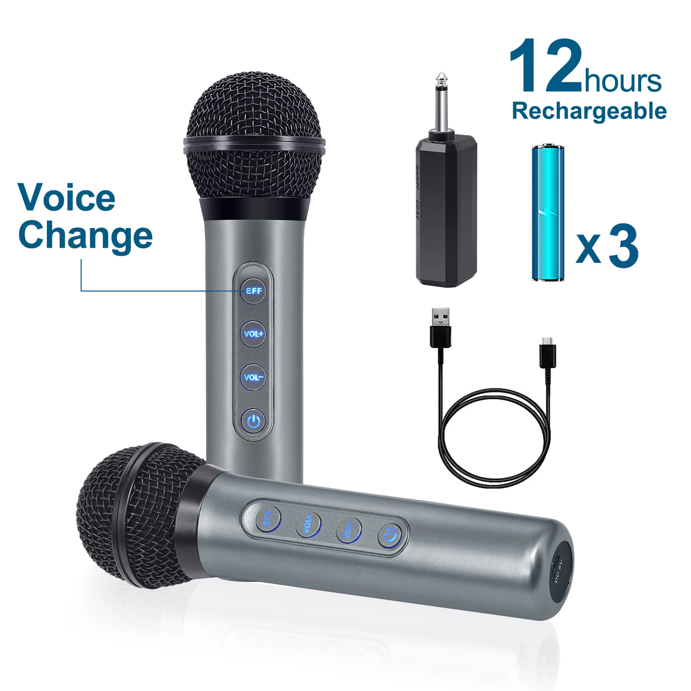 Microfono Wireless con effetto sonoro dinamico portatile con batteria ricaricabile, Volume, controllo dell\'eco gamma di 100 piedi per Karaoke Party