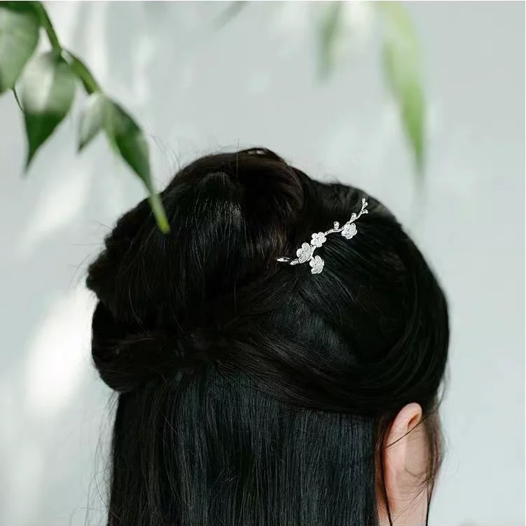 Chinese Style Auspicious Lucky Blessing 925 Sterling Silver Plum Blossom Hair Stick Vintage Hanfu Cheongsam Hairpin Exquisite