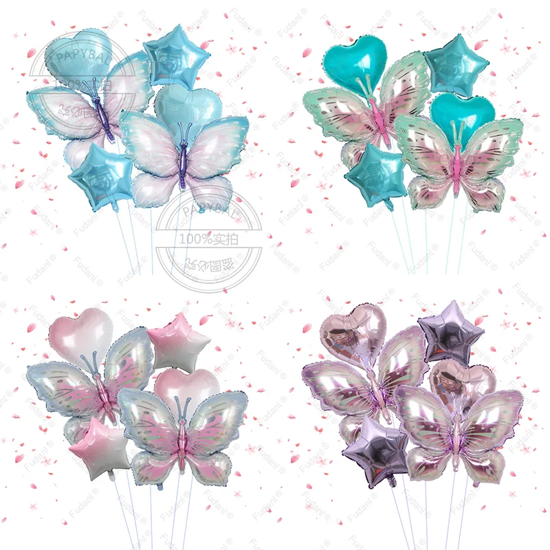 6 stücke Schmetterling Liebe Ballon Set Geburtstag Party Dekoration Festival Liefert Blau Lila Pentagramm Aluminium Film Farbige Ballon
