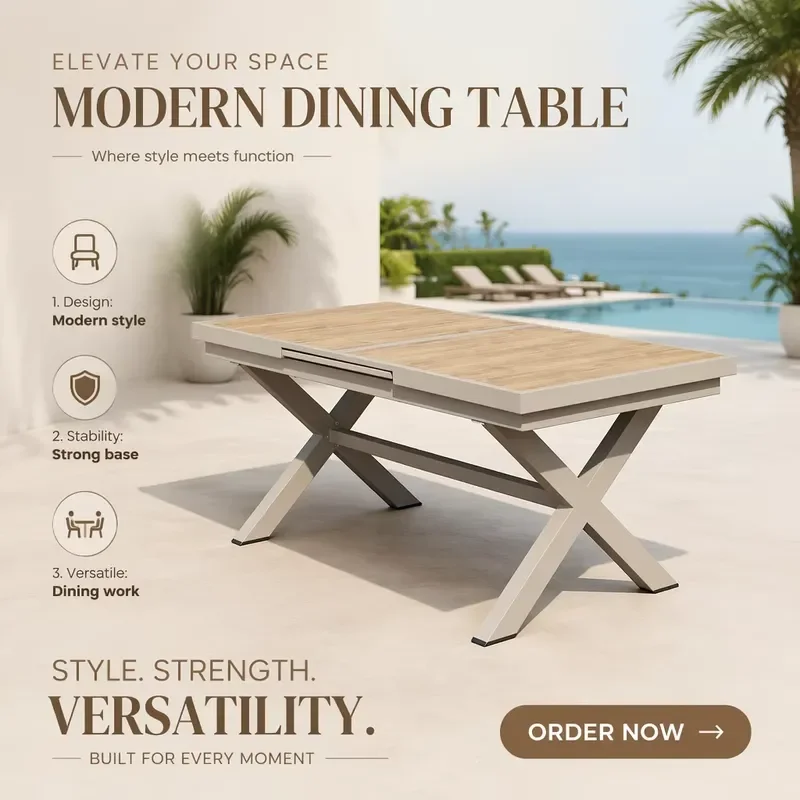 New Design X-Frame Outdoor Telescopic Table Aluminum Extendable Patio Table with Plastic Wood Top for Hotel Project