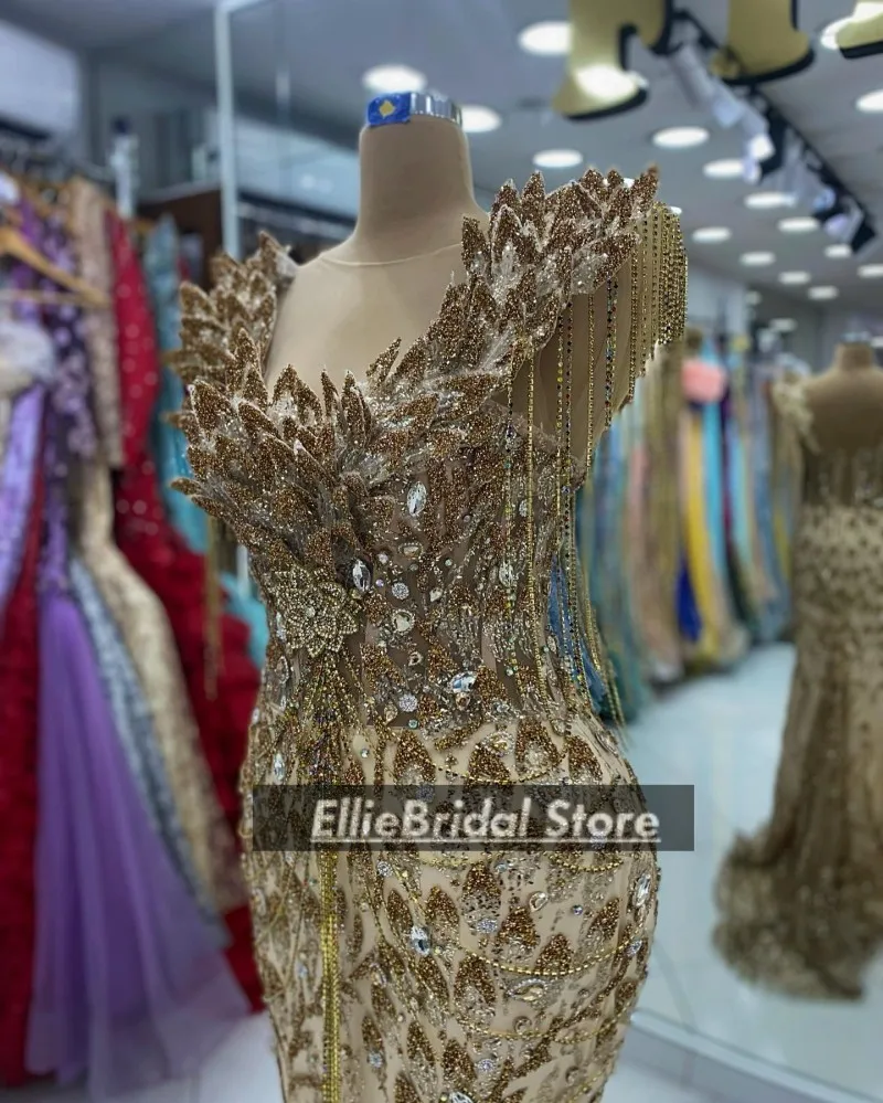 Arabic Dubai Evening Dresses Woman Elegant Crystal Tassel Wedding Party Dress Sheer Neck Mermaid Prom Gowns Customized