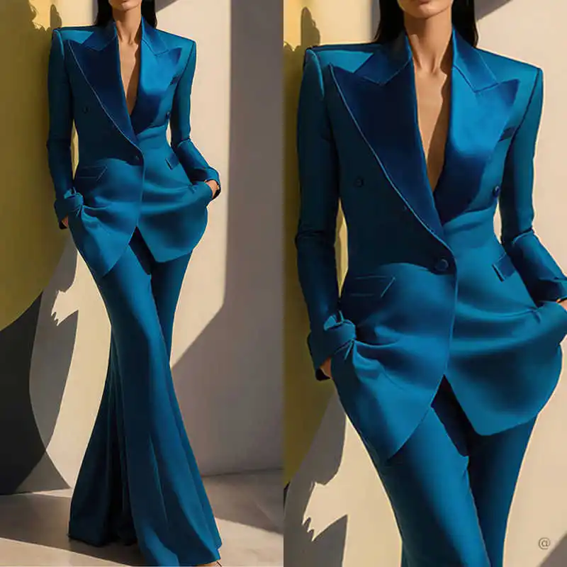 

Elegant Women Suits 2 Pieces Blazer Pants Peaked Lapel Double-breasted Formal Business Occasion Wedding Party Customized