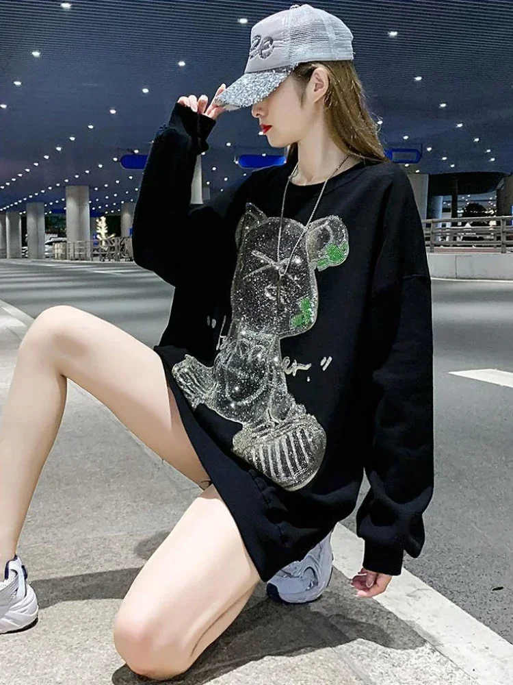 Women\'s Sweatshirt Sequin Woman Clothing Text Hip Hop Loose Baggy Top Glitter Rhinestone Black Pullovers Round Neck Graphic Long