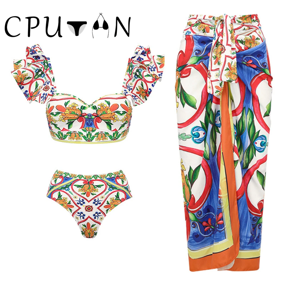 CPUTAN CPUTAN Push Up 3D Flower 3 Pieces Swimsuit With Pants Sexy Swimwear Women Vintage Bath Suits High Waist Ruffle Beachwear