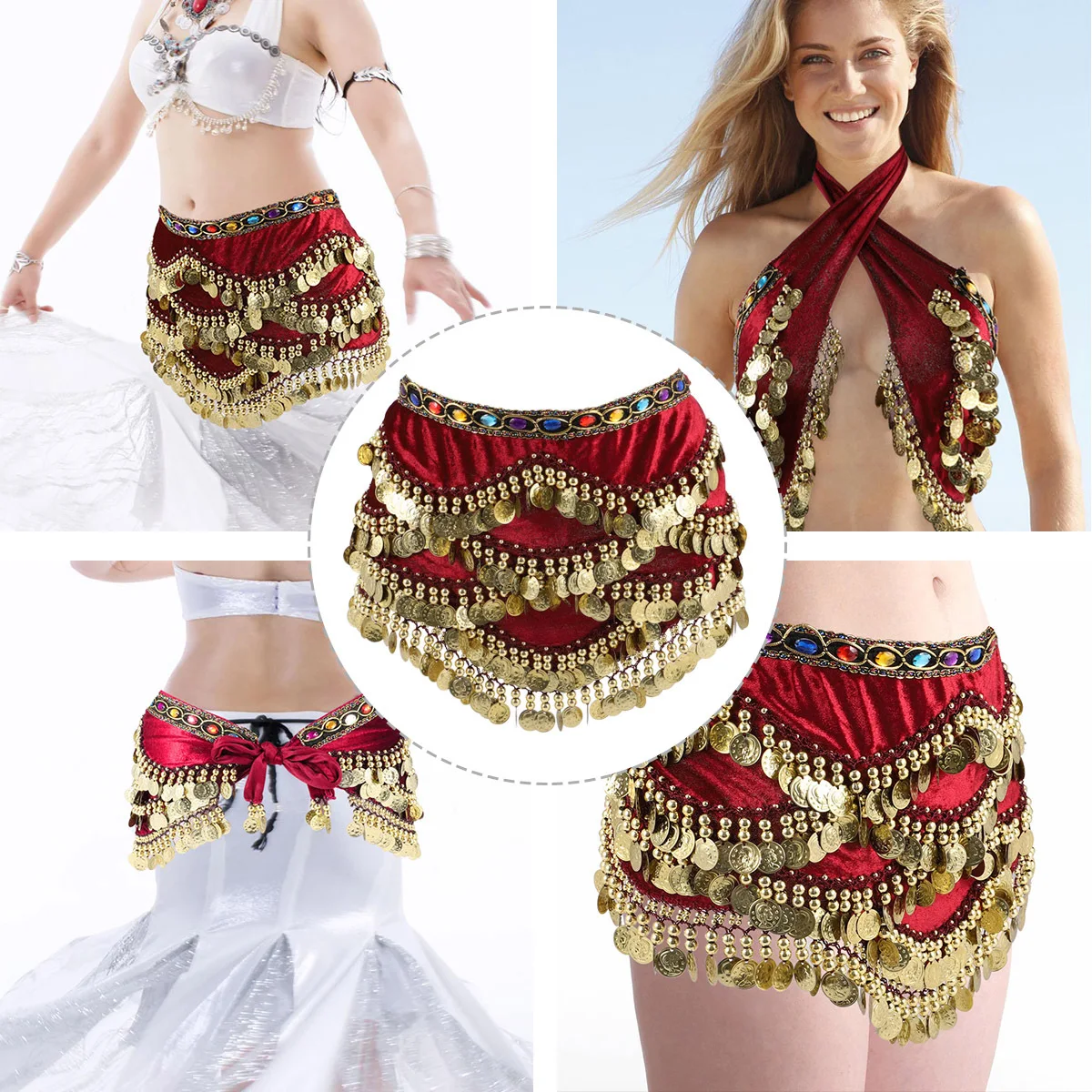 1 قطعة حزام الرقص الشرقي وشاح الورك الأحمر الداكن قابل للتعديل التعادل التفاف مع عملات الماس لأداء فئة الرقص الشرقي