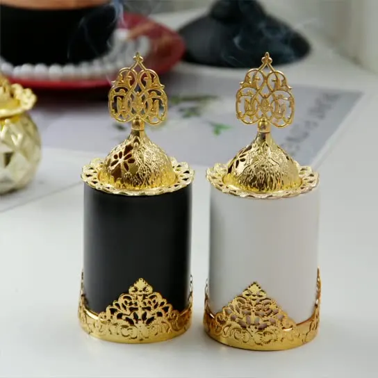 

Gold metal incense burner Middle Eastern Arabian matte black and white ceramic desktop incense burner decorative ornaments