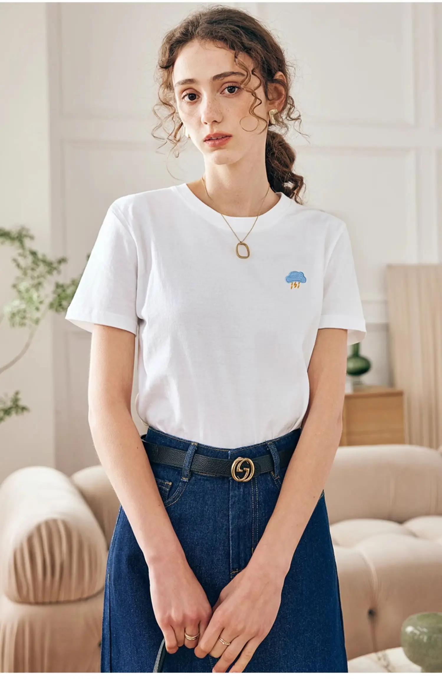 

OLrain 100% Cotton Women's Solid T-shirt 2025 New Loose Embroidery Round Neck Short Sleeve Commute Casual Female Tops O24XT69091