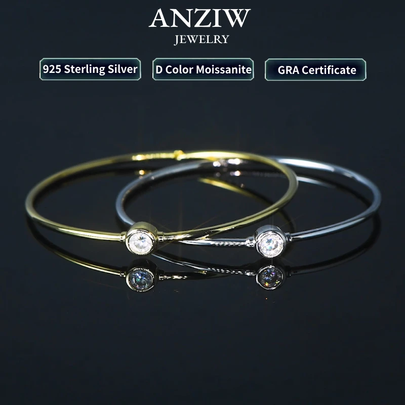 Anziw Simple Bangle 925 Silver 5mm 0.5ct D Color Bezel Moissanite Bangles 14K Gold Plated Hollow Tube Bracelet for Women Jewelry