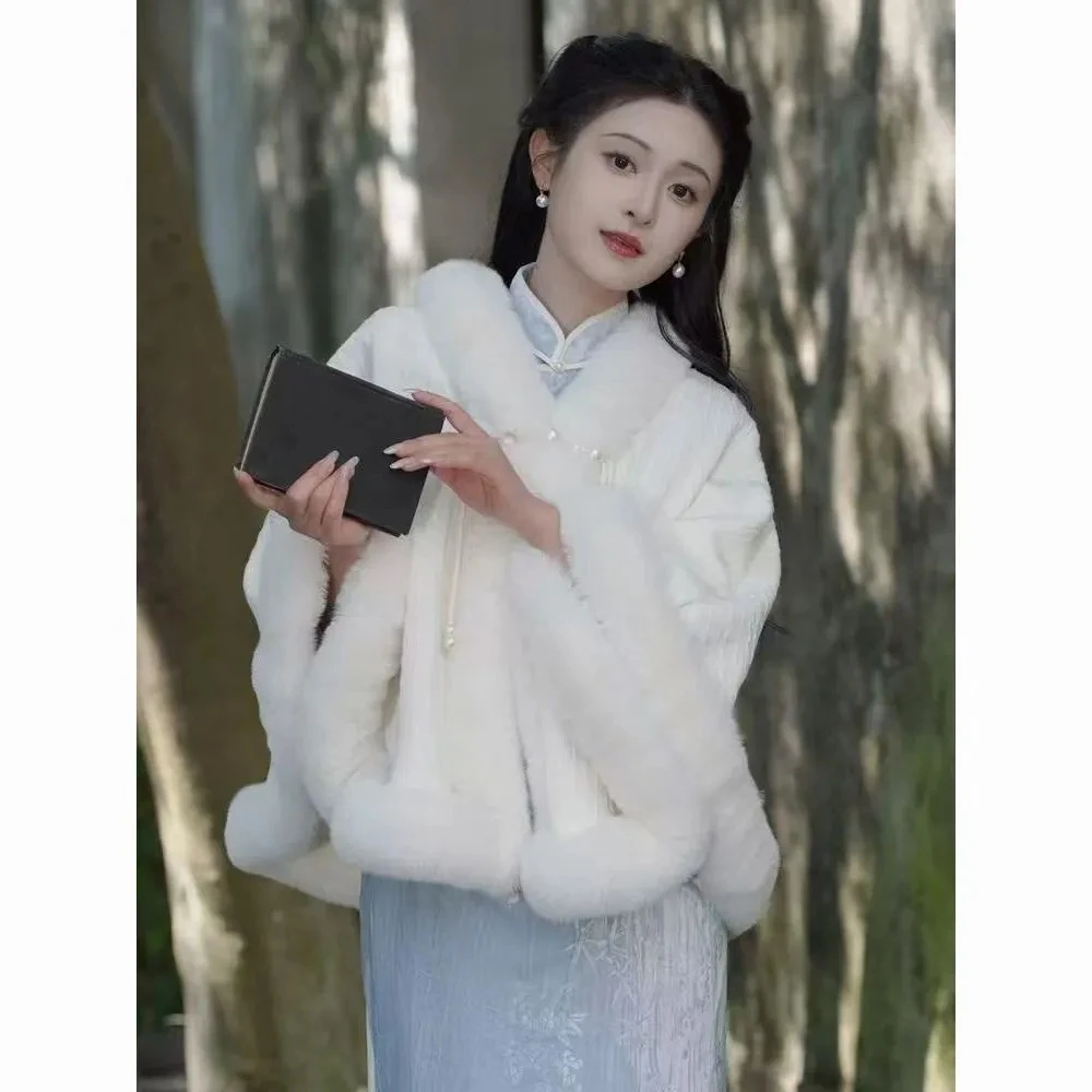 

2024 Новая Республика Китая, плюшевый утолщенный плащ, шаль, стиль Cheongsam, элитное осенне-зимнее теплое пальто, плюшевое