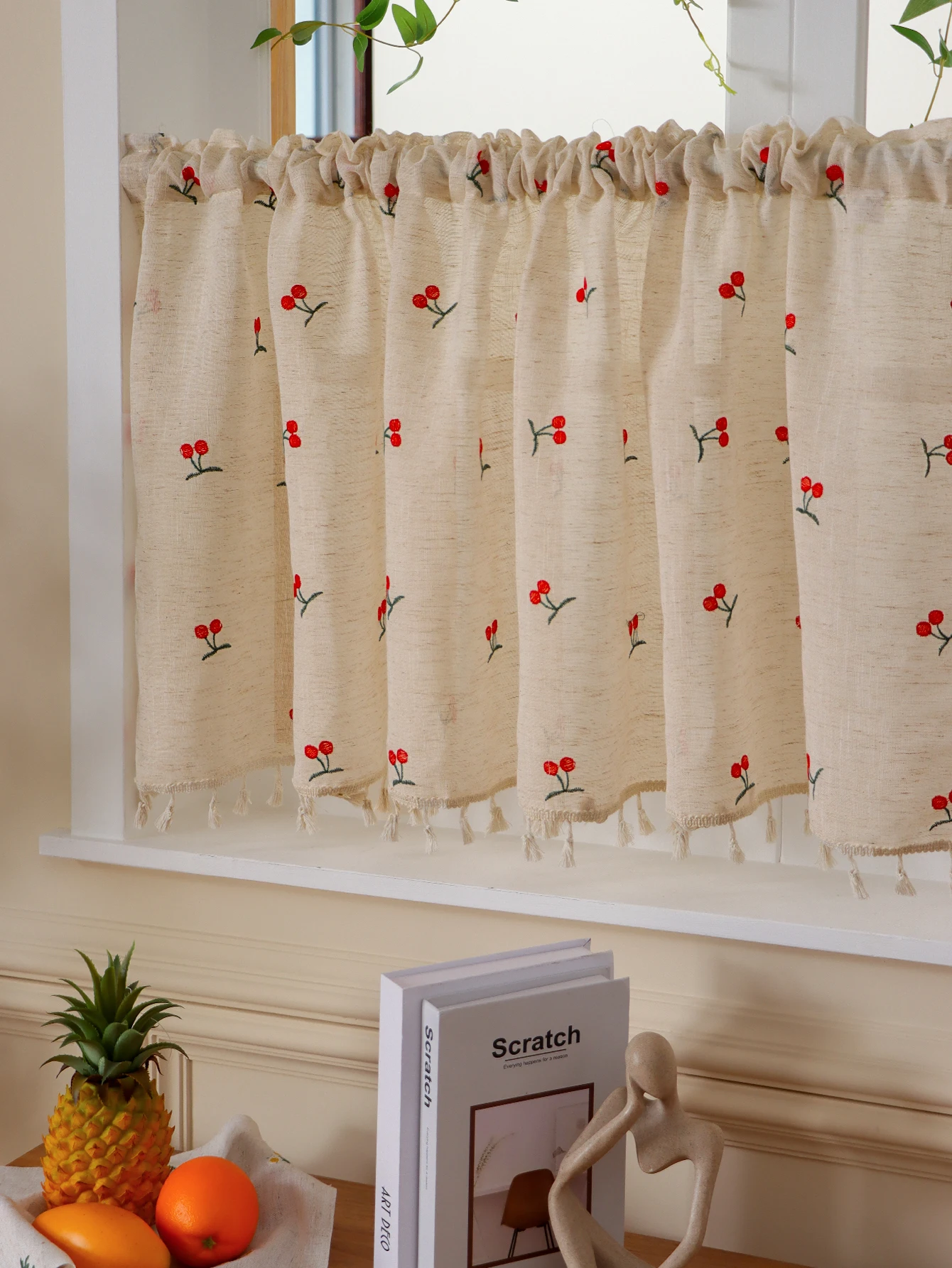 Linen Embroidery Cherry Plus Spike Small Curtains Bedroom Blockout Curtains Floating Curtains Kitchen Cabinet Partitions