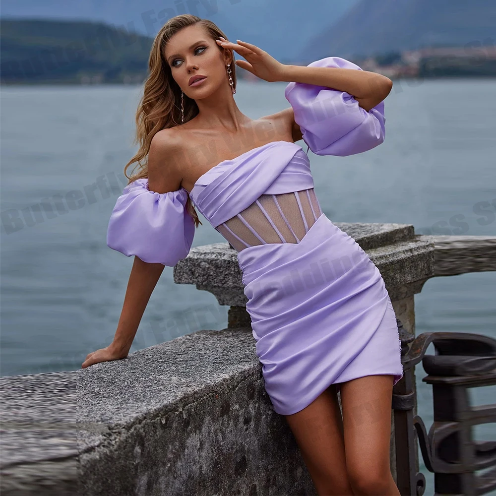 

Gorgeous Beautiful Off Shoulder Cocktail Dress Fluffy Sleeves New Satin Backless Short Dresses Fascinating Fashion Evening Gowns