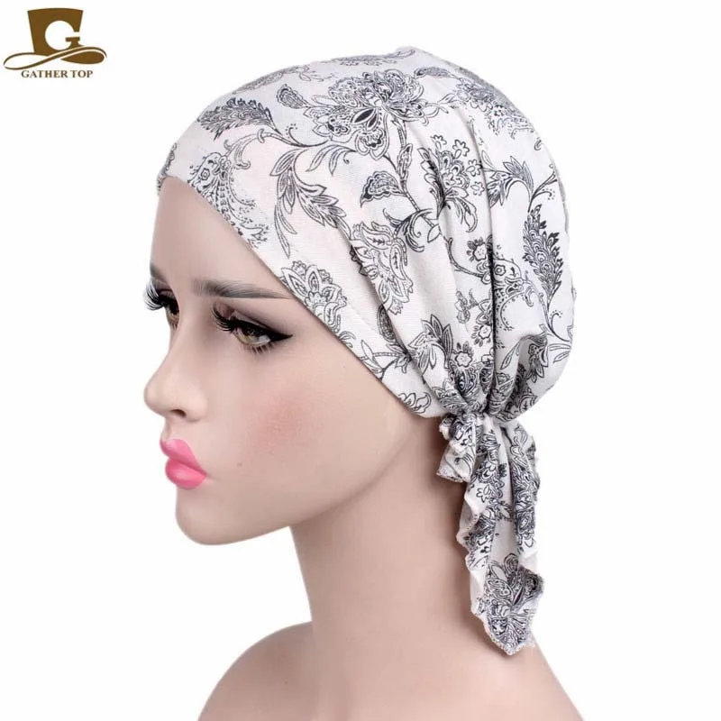 Muslim Pre-Tied Style Cotton Turban Hat Headscarf Ladies Floral Print Bandanas Soft Headwear Hair Loss Cancer Chemo Cap Turbante