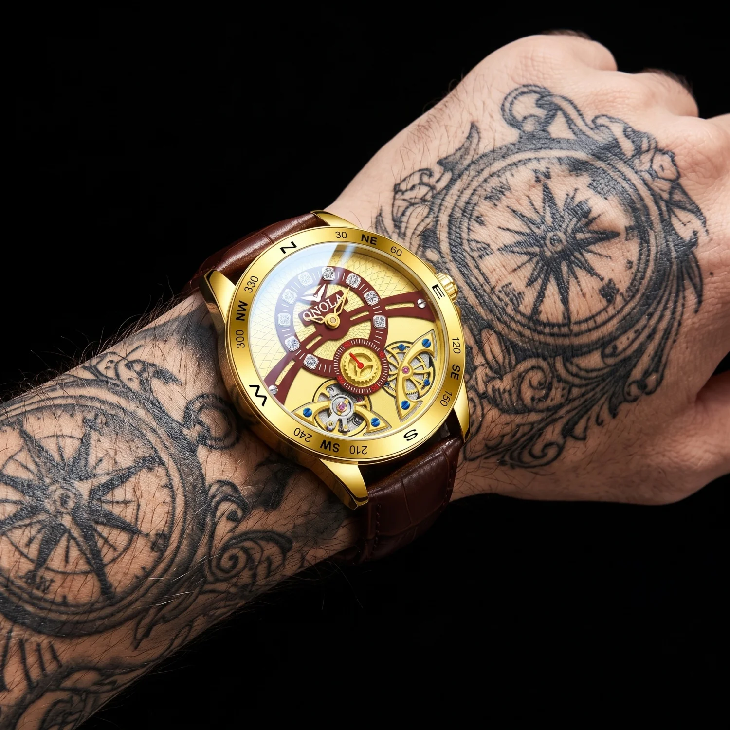 ONOLA men's automatic mechanical watch, compass bezel, hollow skeleton dial, rhinestone decoration, business and leisure watch