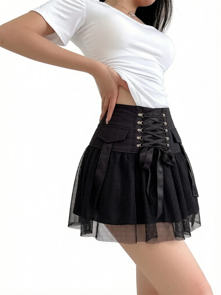 Gothic Y2K E-girl Lolita Style Skirt Women Harajuku Dark Punk Streetwear Lace Vintage Mini Cake Skirt High Wasit Fashion Outfit