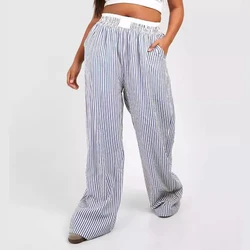 Fashion Women Y2k Stripes Lounge Pants Elastic Waist Straight Wide Leg Trousers Casual Loose Fit Bottoms Going Out Pants