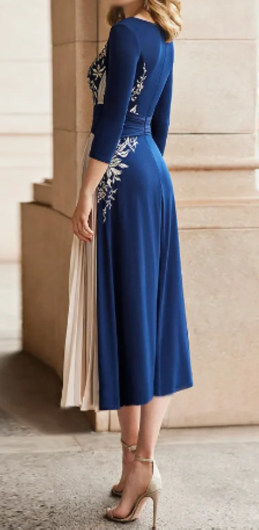 

Lace Appliques Pleat Tea-Length Wedding Guest Dress Simple Long 3/4 Sleeve Prom Gowns Navy Blue Mother of the Bride Dresses