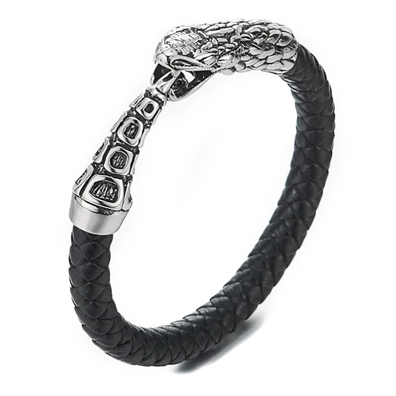 

Gothic Men's Cobra Stainless Steel Bracelet Black Braided Rope Leather Wristband Stainless Steel Jewelry