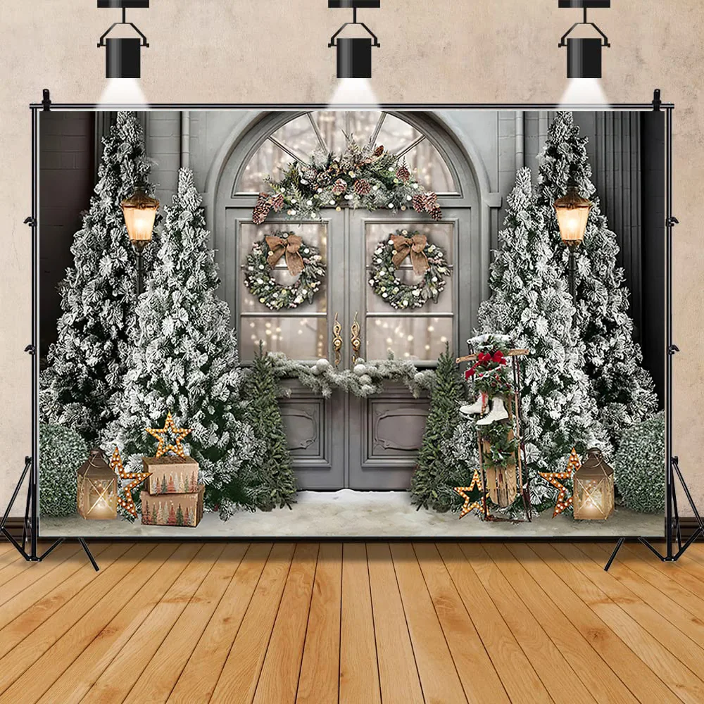 

SHENGYONGBAO Christmas Tree Window Wreath Photography Backdrop Wooden Doors Snowman Cinema Pine New Year Background Prop TNB-07