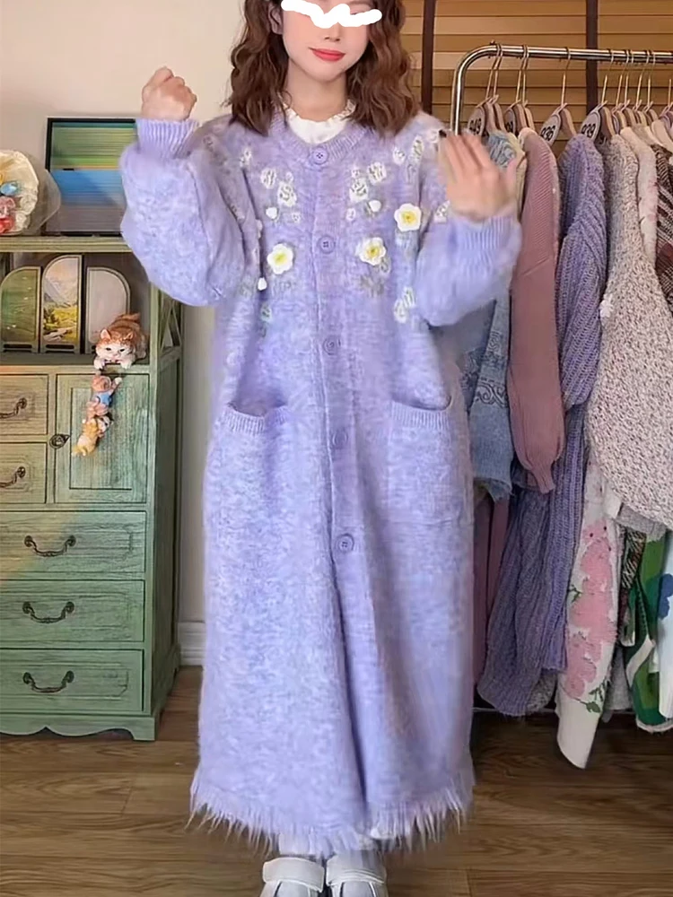 

Purple Flower Knitted Long Sve Open Cardigan Outerwear Knee-Length Women's Faionable Warmth Cute Sle Knitwear Coat