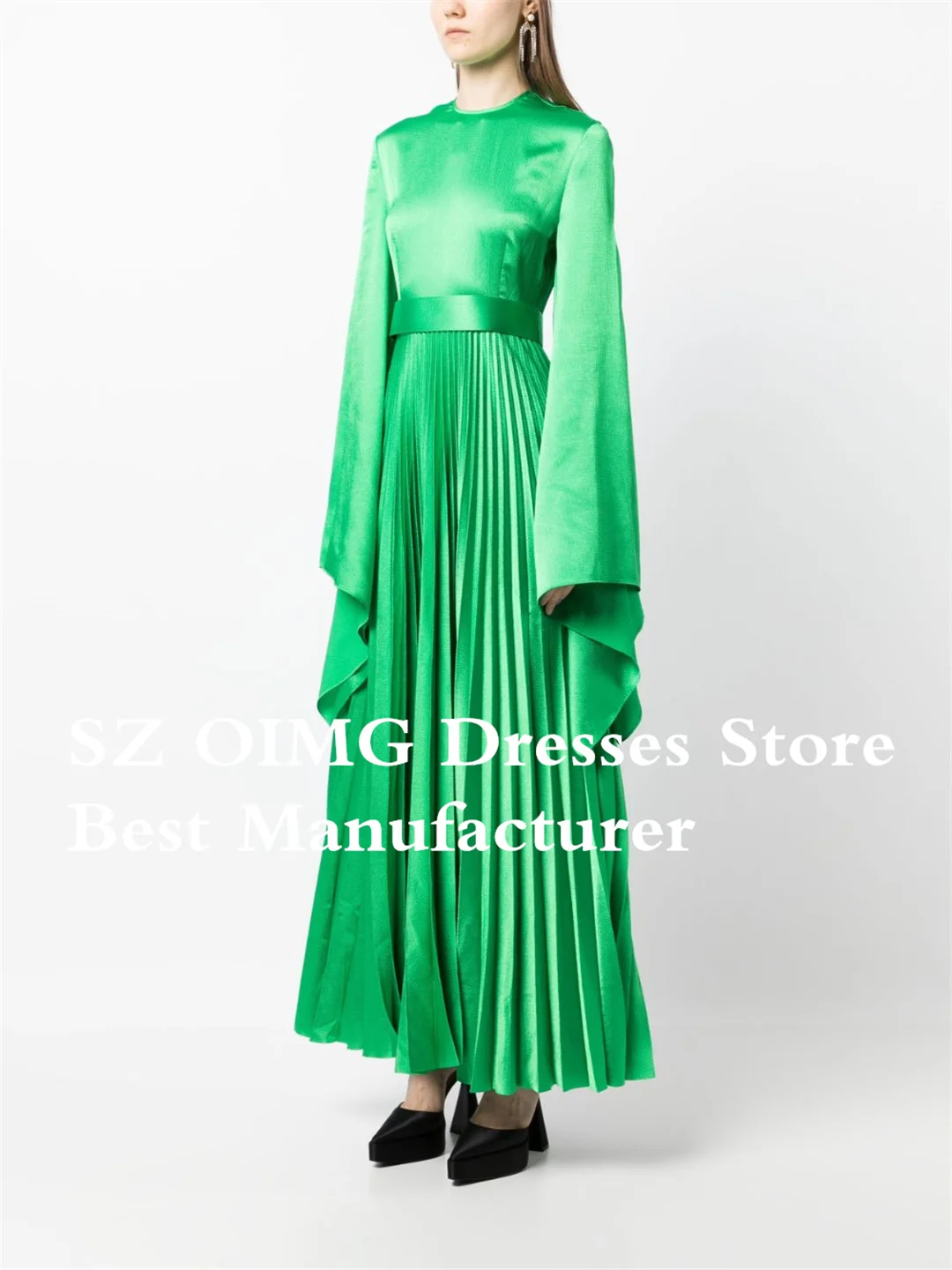 OIMG O-Neck Prom Dresses Long Sleeves Ankle Length A-Line Ruched Silk Satin Elegant Green Evening Gowns Formal Party Dress