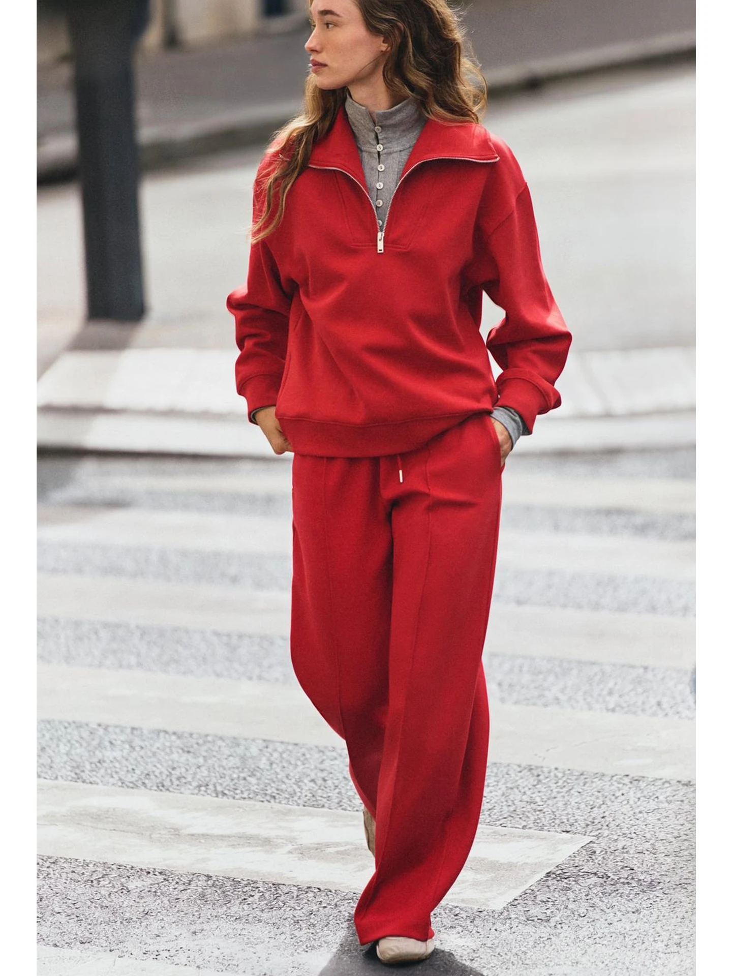 Long Sleeve Collared Zipper Straight Hem Sweatshirt with Belted Wide Leg Pants Women's Fashion Set Autumn Collection