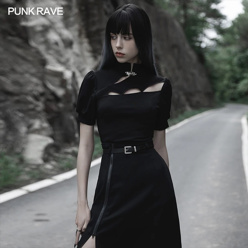 

PUNK RAVE Women's T-shirts Bat hollow out Chinese style short sleeve T-shirt Bubble sleeve Gothic clothes Slim Sexy Tops