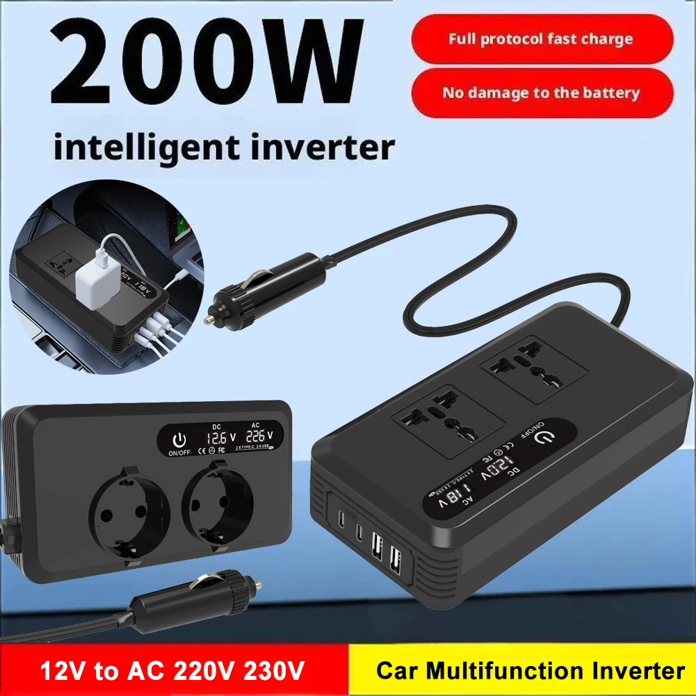 200W Car Inverter DC12V to AC 220V 230V With Voltmeter Display Fast Charging Cigarette Lighter Adapter Outlet Power Car Inverter