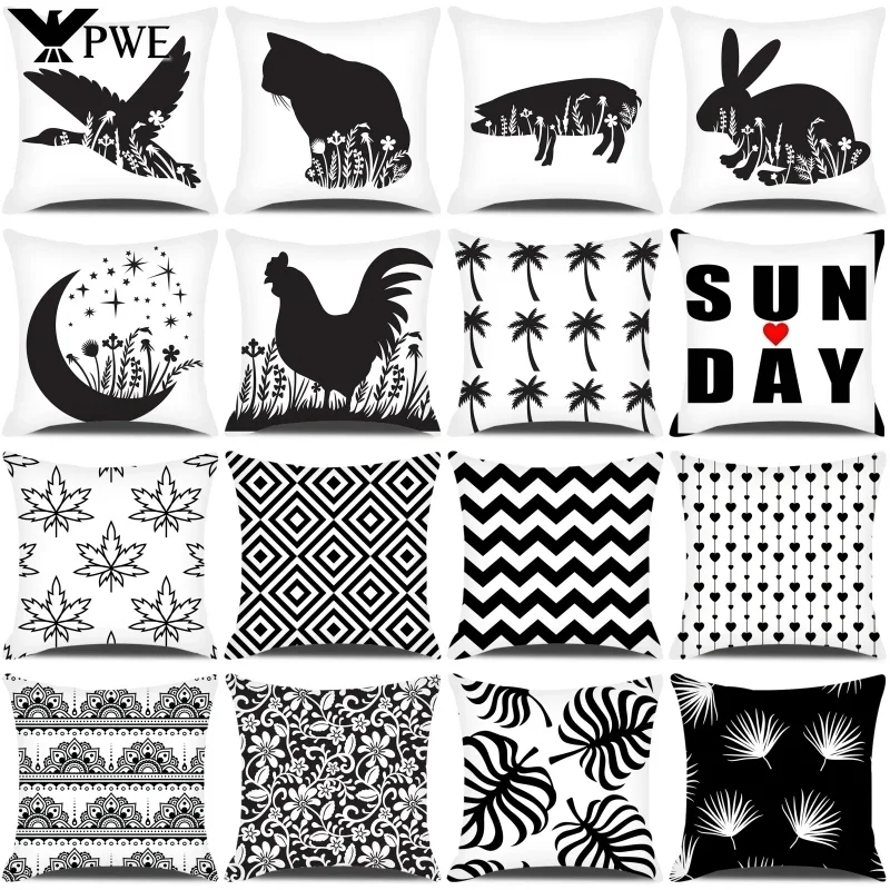 

Square Pillowcase Black and White Cushion Cover Flowers Animals Decorative Throw Pillow Case Home Decor Pillow Cover for Couch