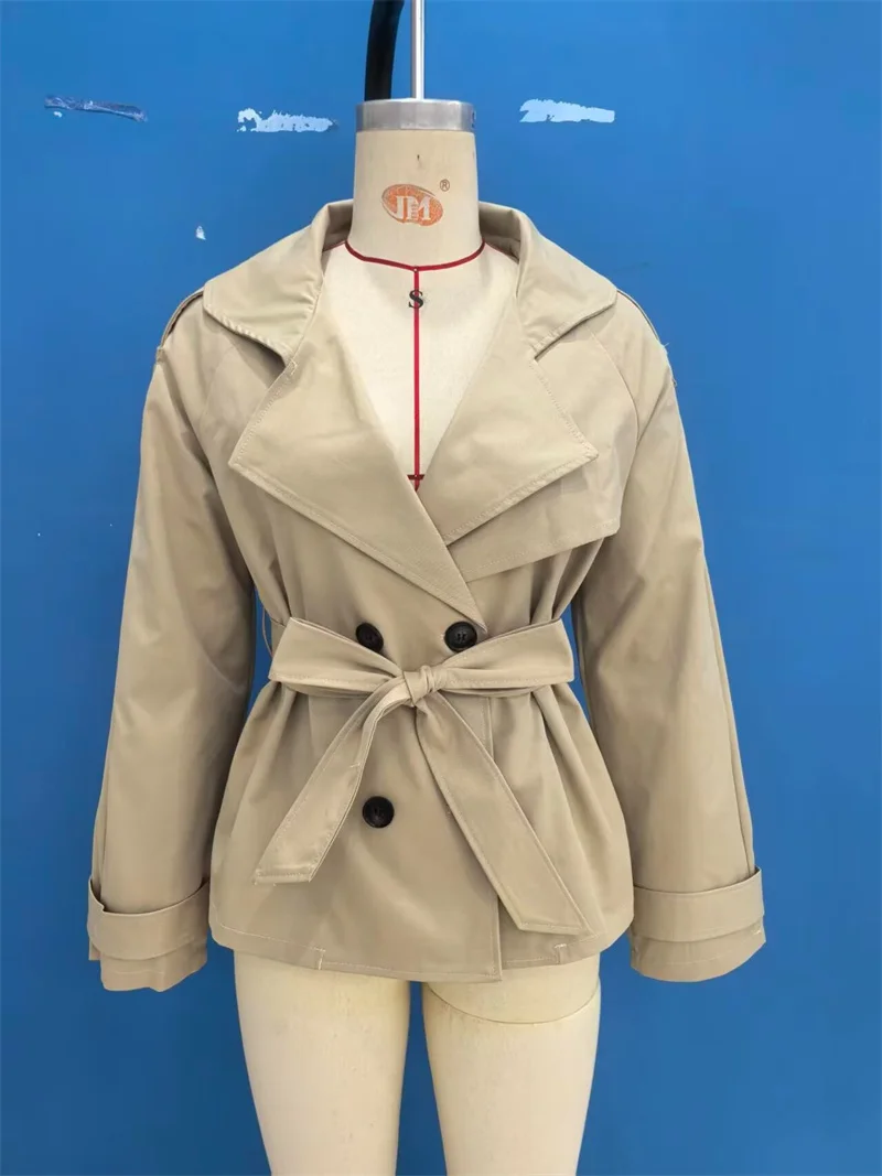 Smvp Women's Jacket 2026 Autumn New Khaki Long-Sleeve Belt-Decorated Loose Coat Trench Jacket Parka British Fashion