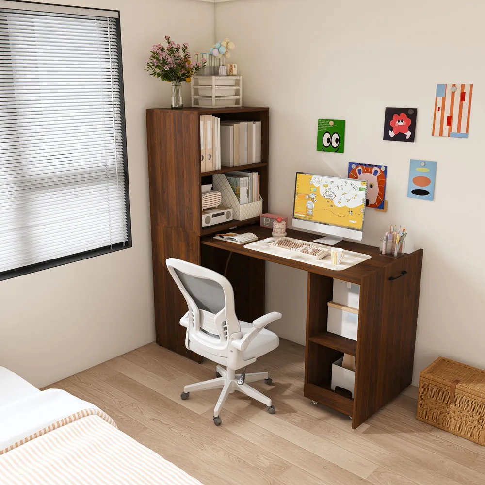 Scrivania da ufficio pieghevole, scrivania salvaspazio con mobile contenitore, ripiani regolabili e piano di lavoro estraibile, postazione di lavoro multifunzionale per camera da letto, studio e