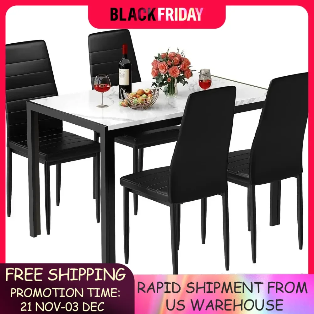 5-Piece Faux Marble Kitchen Table & Chair Set,Modern Compact Space for Home,4 PU Metal Frame Chairs for Small,M comedor4 sillas