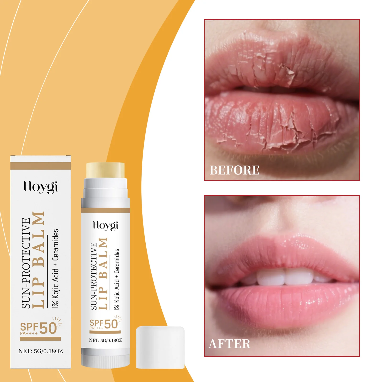 Hoygi SPF50 Sonnenschutz-Lippenbalsam mit Kojisäure-Ceramiden, feuchtigkeitsspendende, feuchtigkeitsspendende Lippenpflege für weiche, glatte Lippen, täglichen Gebrauch