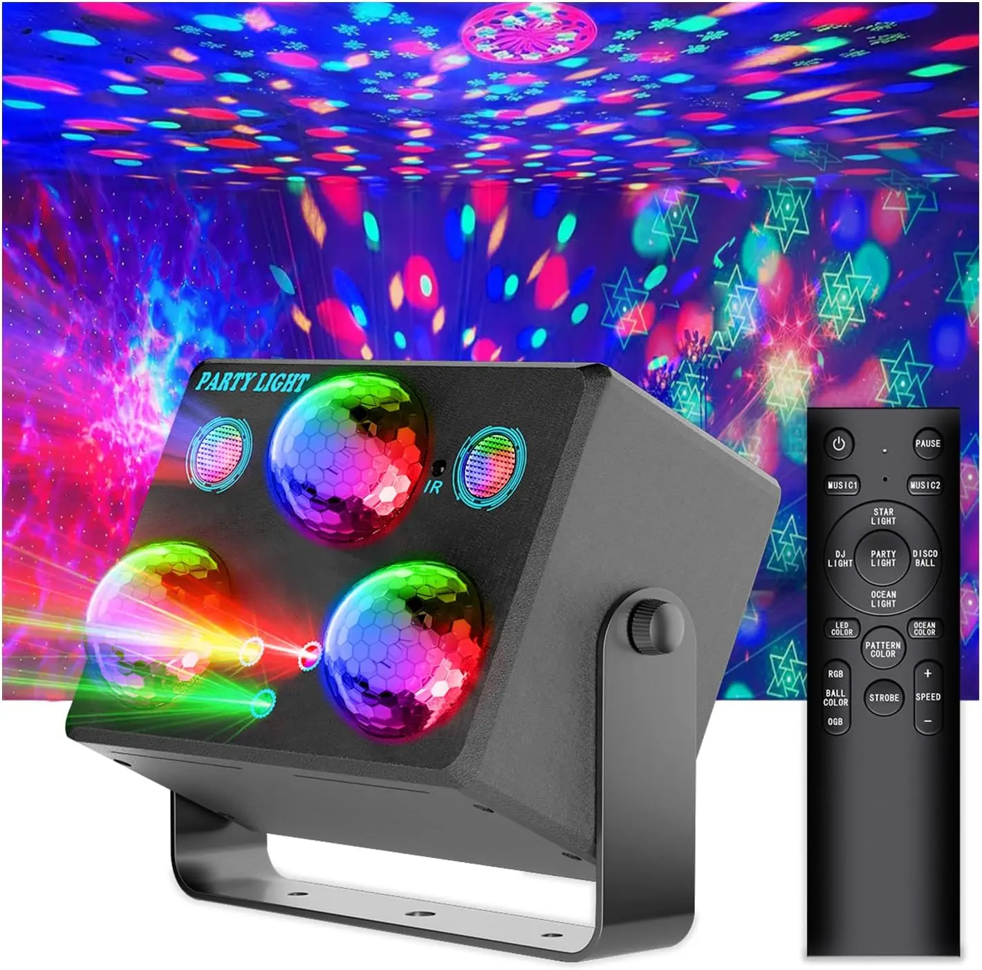 

Световые эффекты для дискотек 6-в-1 с активацией звуком, RGB-стробоскопом, лазерным шоу, океанской лампой и проектором звездного неба — идеально подходят для рейв-вечеринок и танцев.