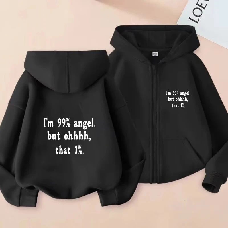 

Men's Hooded Jacket Black Printed I'm 99% angel, but ohhhh, that 1% Funny Quote Zip-Up Sweatshirt for Casual Streetwear and Dail