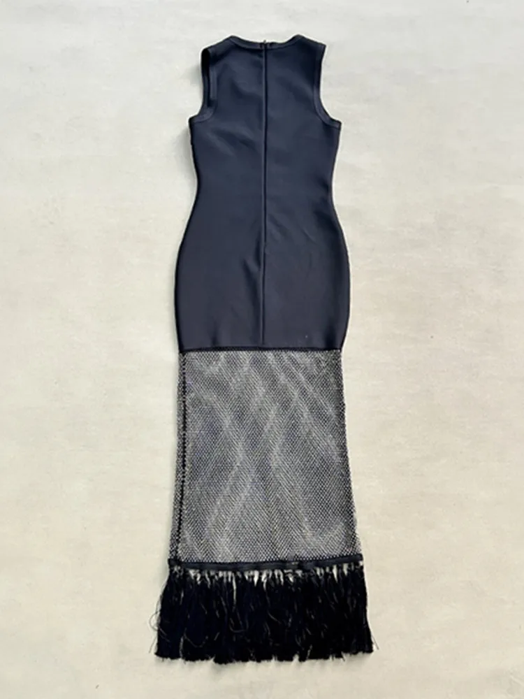 Femmes Sexy O cou diamants Net noir Maxi longs diamants célébrité moulante robe de pansement 2025 élégant soirée Club robe de soirée