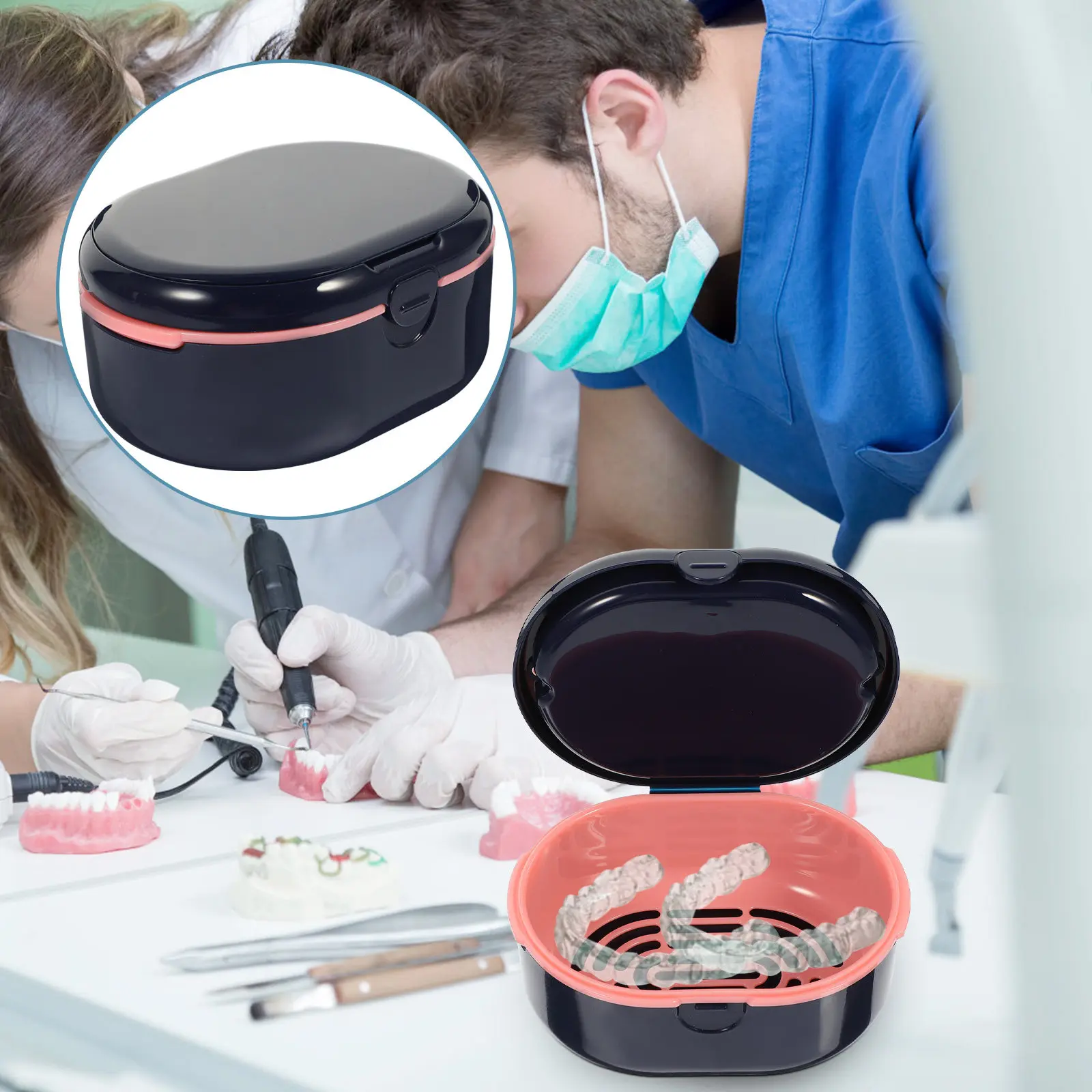 歯科矯正用義歯ホルダー-コンパクトポータブルブレースボックス-中空二層義歯収納ケース-防塵リテーナーコンテナ