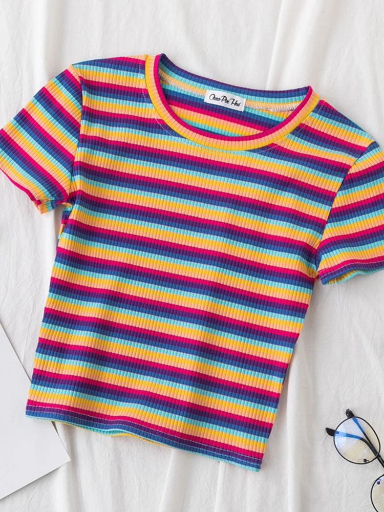 New T Shirt Women Rainbow Striped Tops Slim Fit t shirt Harajuku Tshirt Summer Short Sleeve Korean T-shirt feminina Clothes Tops