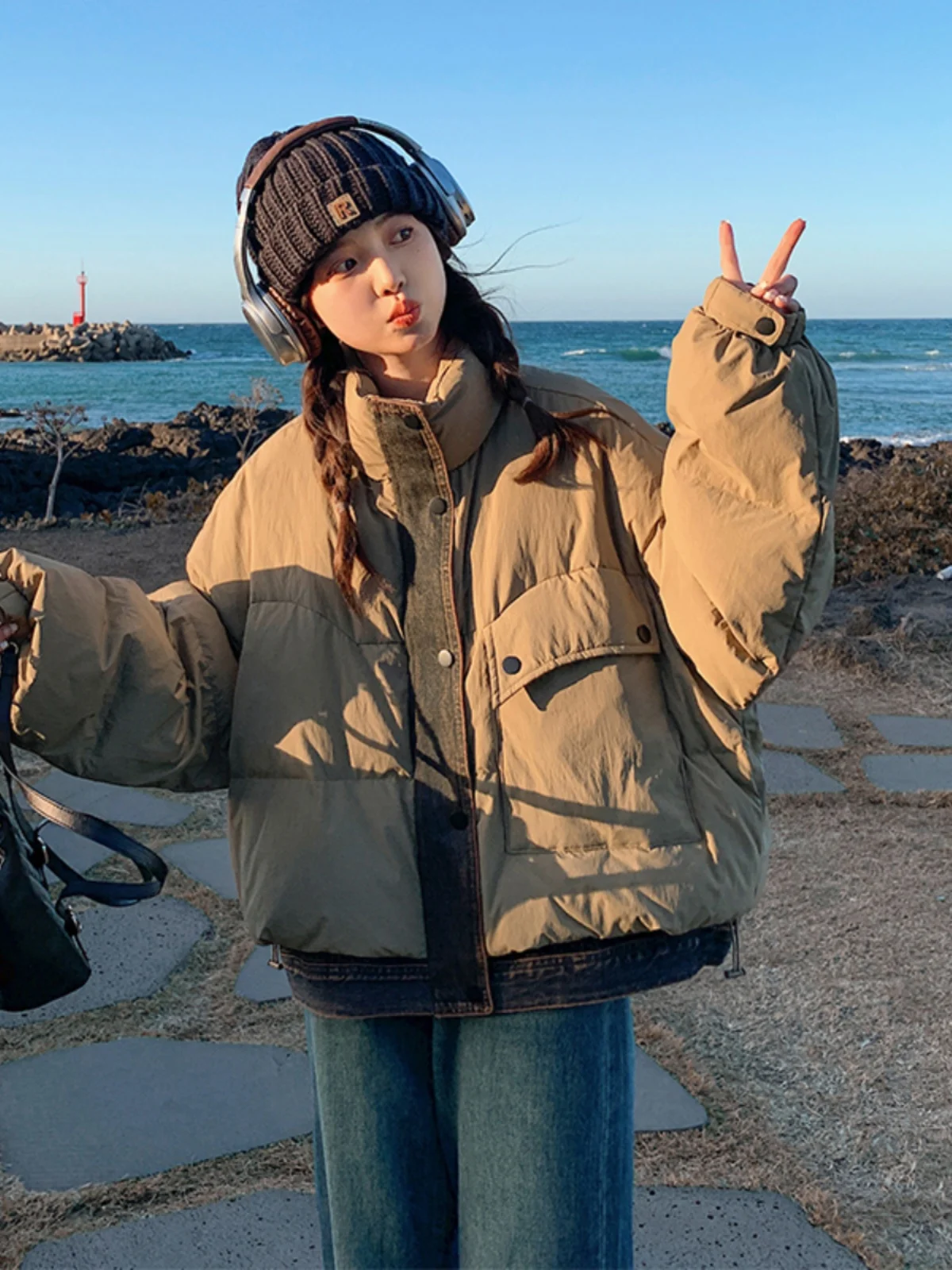 

Faionable Denim Patchwork ort down Jaet Women's Winter Thiened Korean Sle Small Size Coat Memory Fabric Commute Sle