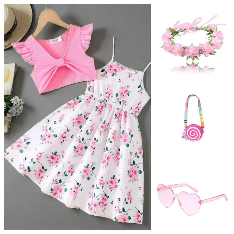 

XT82Pcs Girls Elegant Pink Floral Print Dress Summer Sleeveless Casual Dress And Jacket Sets For Girls Festivals Outing CloXT6@!